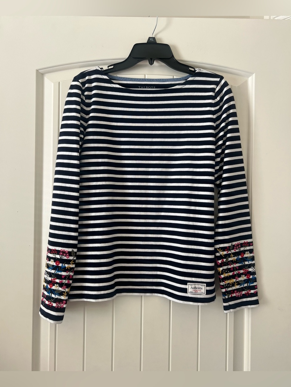 Talbots Embroidered Bateau Neck Navy Fleur Stripe Long Sleeve Tee Shirt Blouse S